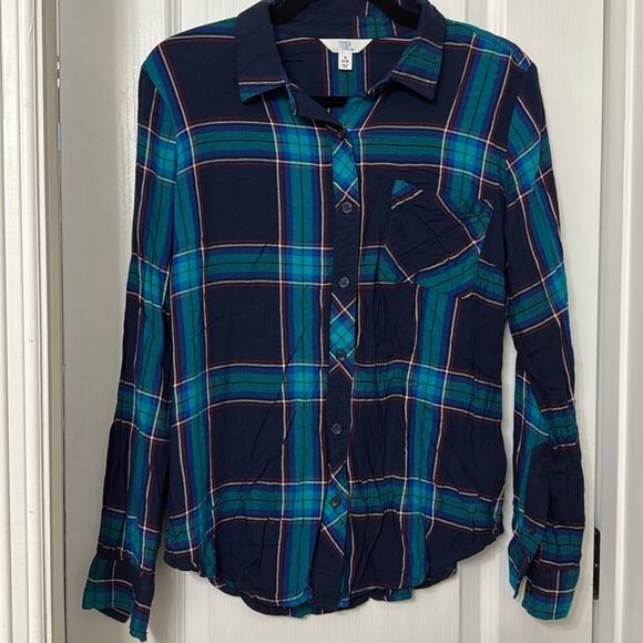 Time And Tru Womens Blue Plaid Long Sleeve Collared Button Up Shirt Size S (4-6) - Picture 1 of 4